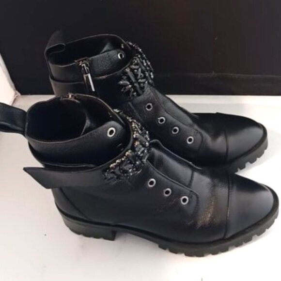 Karl Lagerfeld Paris Pippa Black Leather Bejeweled SideZip Lug-Sole Combat Boots - Picture 1 of 7